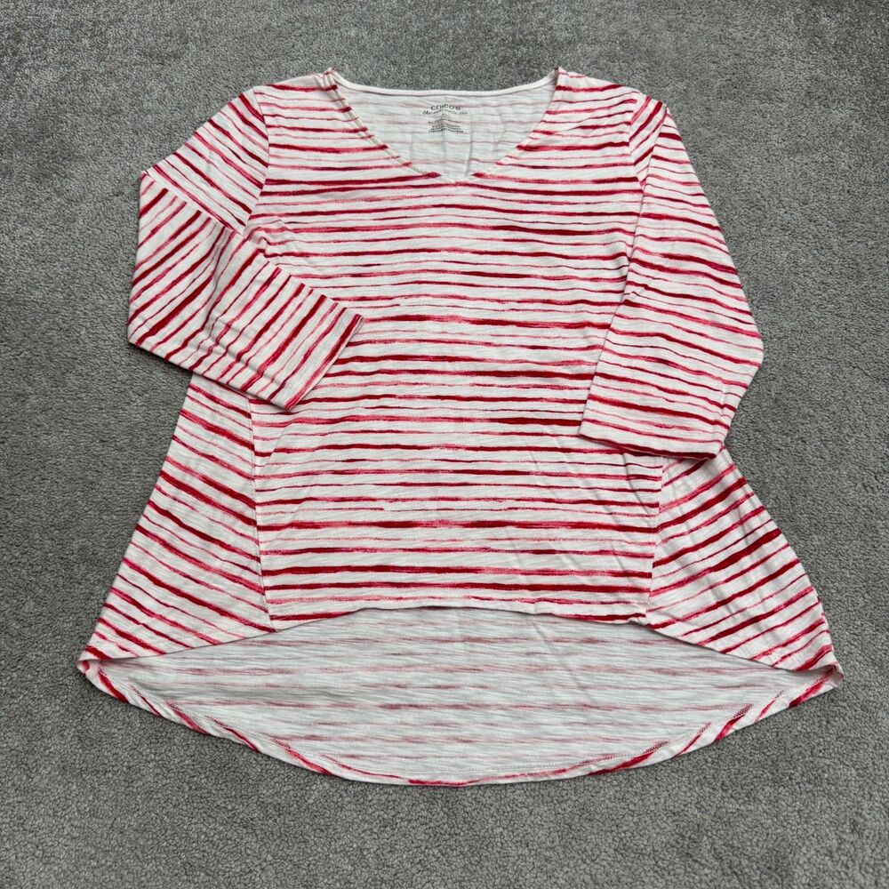 Chico's Ultimate Tee Women 1 Medium Red Striped V-Neck Long Sleeve Hi-Lo T-Shirt
